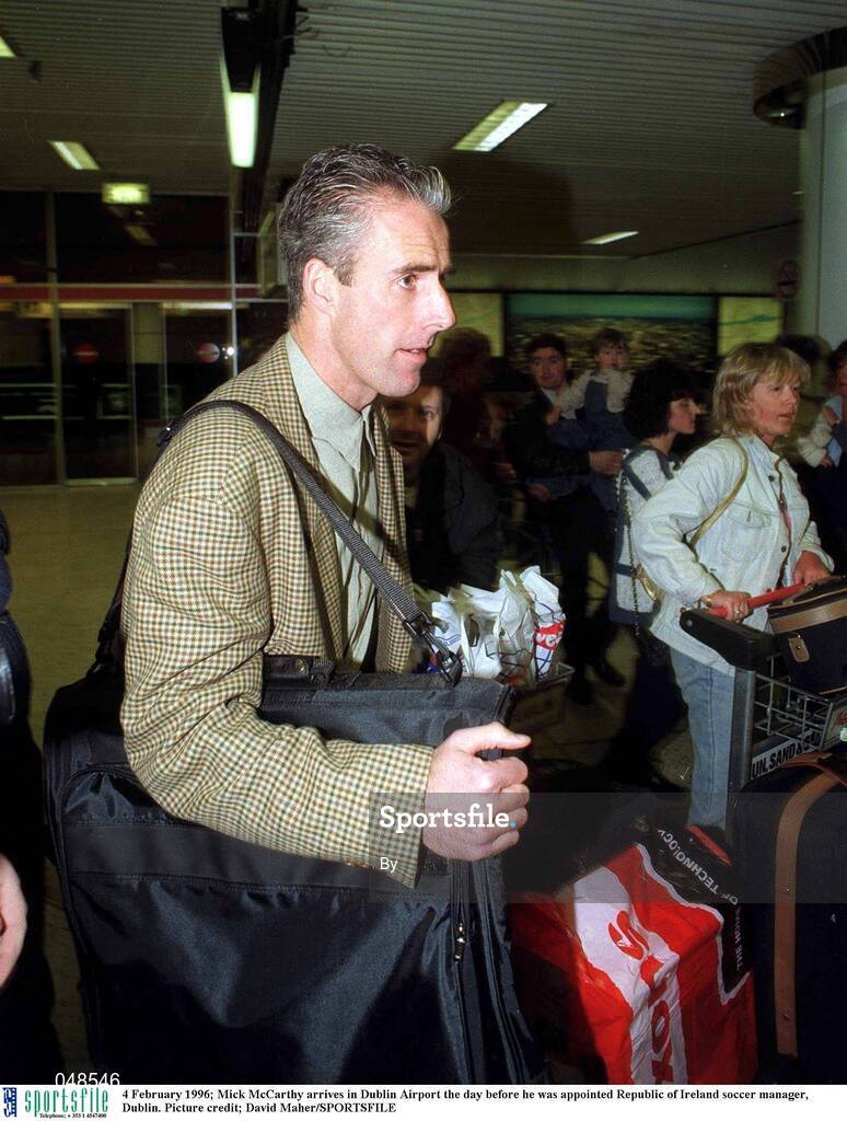4 February 1996; Mick McCarthy arrives in Dublin Airport the day before he was appointed Republic of Ireland soccer manager, Dublin. Picture credit; David Maher/SPORTSFILE