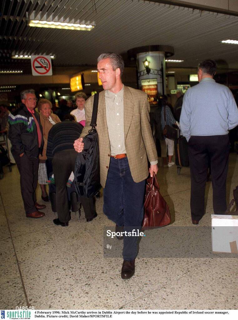 4 February 1996; Mick McCarthy arrives in Dublin Airport the day before he was appointed Republic of Ireland soccer manager, Dublin. Picture credit; David Maher/SPORTSFILE