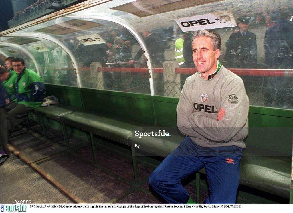 27 March 1996; Mick McCarthy pictured during his first match in charge of the Rep of Ireland against Russia,Soccer. Picture credit; David Maher/SPORTSFILE