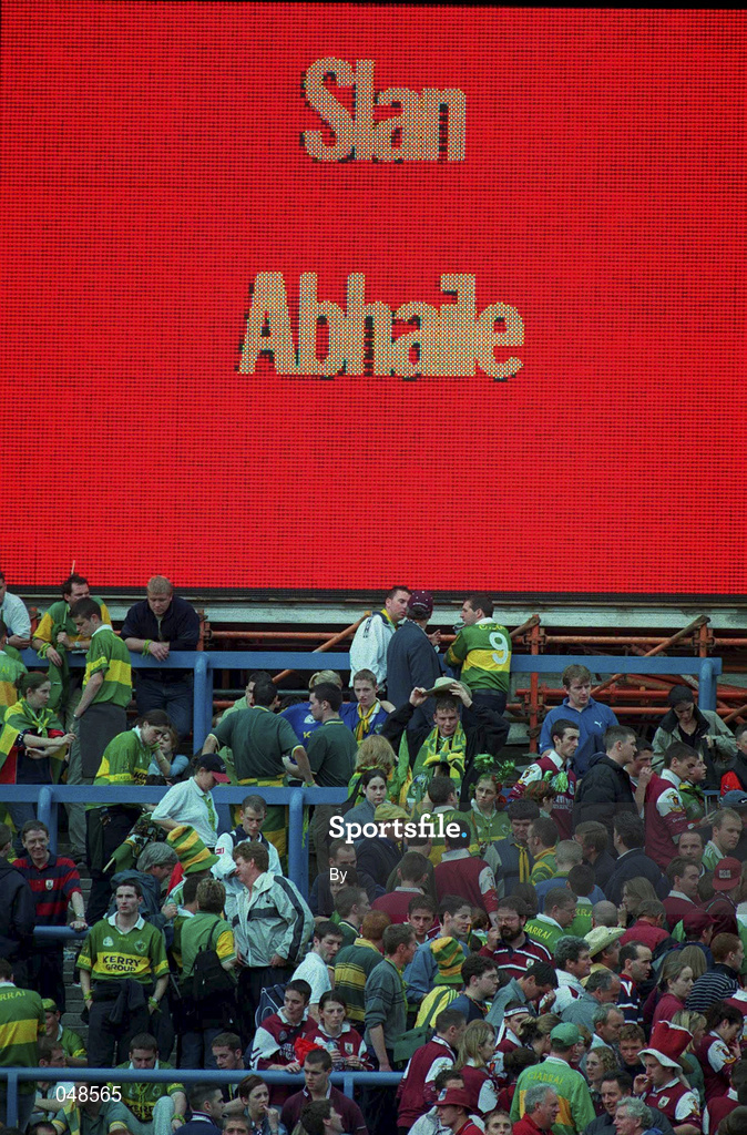 24 September 2000; Galway and Kerry supporters leave Hill 16 after the match ended in a draw, under the electronic sign  saying "goodbye", Kerry v Galway, All-Ireland Football Final, Croke Park, Dublin. Picture credit; Damien Eagers/SPORTSFILE