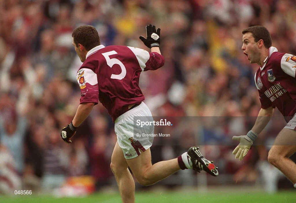 7 October 2000; Declan Meehan of Galway celebrates after scoring his side's first goal during the Bank of Ireland All-Ireland Senior Football Championship Final Replay match between Kerry and Galway at Croke Park in Dublin. Photo by Brendan Moran/Sportsfile