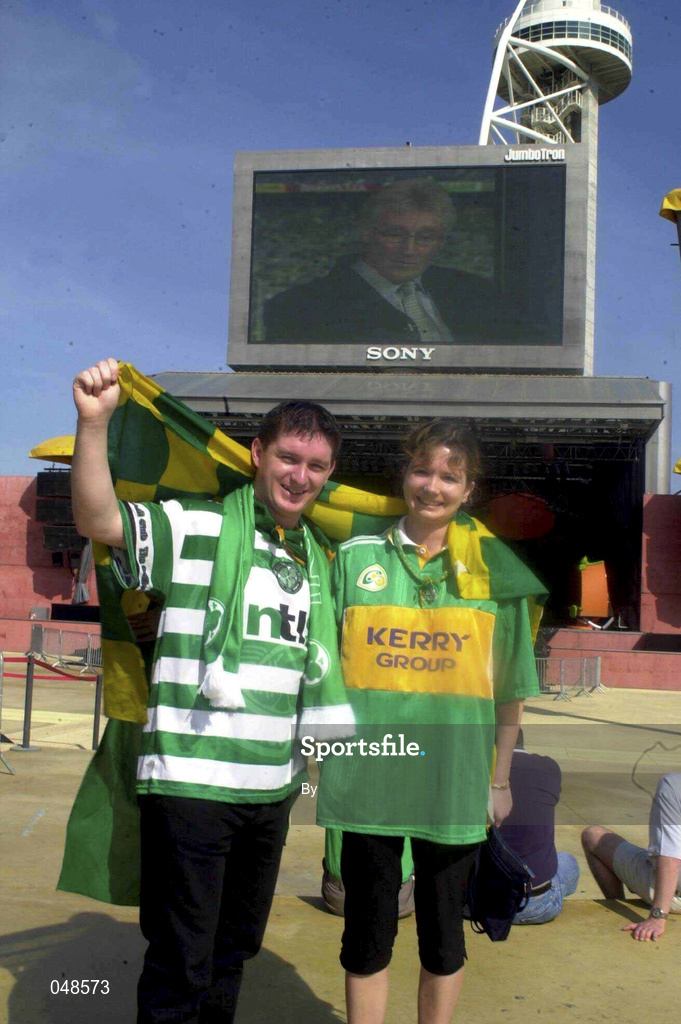 7 October 2000; Maire Morierty, from Currow, and Michael Brosnan, Castleisland, Republic of Ireland soccer fans watching the Ireland Football Final between Kerry and Galway on a big screen, Expo 98, Lisbon, Portugal. Picture credit; Damien Eagers/SPORTSFILE *EDI*