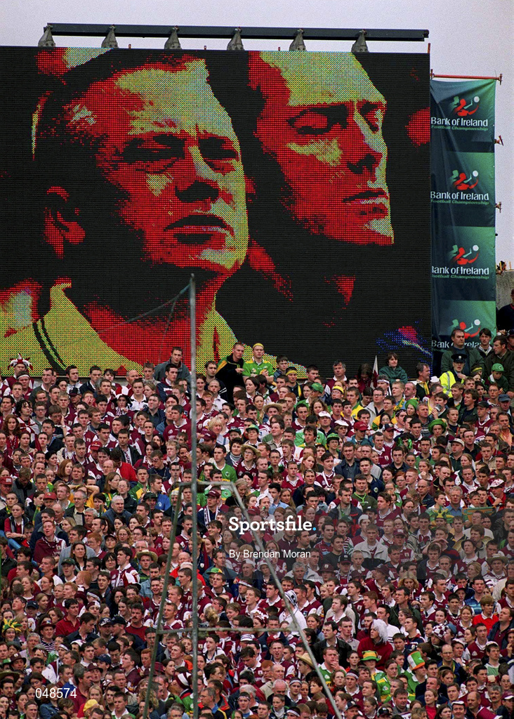 7 October 2000; Kerry manager Paidi O'Se is seen on the big screen above Hill 16 during the Bank of Ireland All-Ireland Senior Football Championship Final Replay match between Kerry and Galway at Croke Park in Dublin. Photo by Brendan Moran/Sportsfile