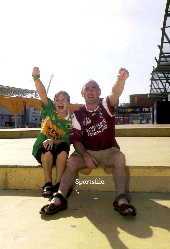 7 October 2000; Maire Morierty, from Currow, and Jimmy Norman, Oranmore, Republic of Ireland soccer fans watching the Ireland Football Final between Kerry and Galway on a big screen, Expo 98, Lisbon, Portugal. Picture credit; Damien Eagers/SPORTSFILE *EDI*