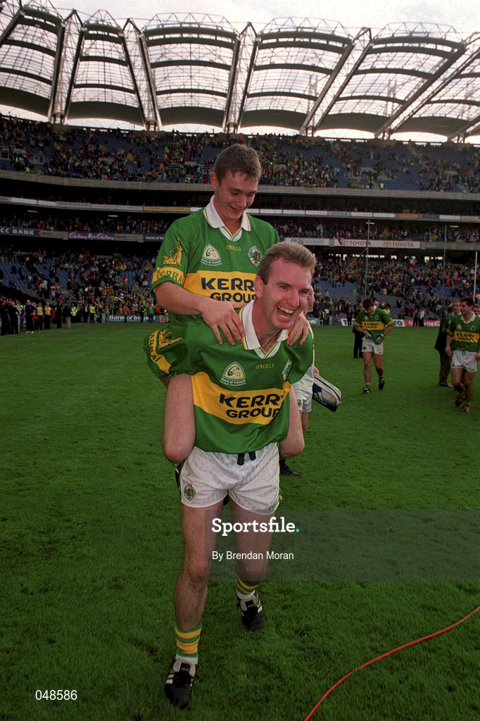 7 October 2000; Enda Galvin, top, and Mike Hassett of Kerry celebrate following the Bank of Ireland All-Ireland Senior Football Championship Final Replay match between Kerry and Galway at Croke Park in Dublin. Photo by Brendan Moran/Sportsfile