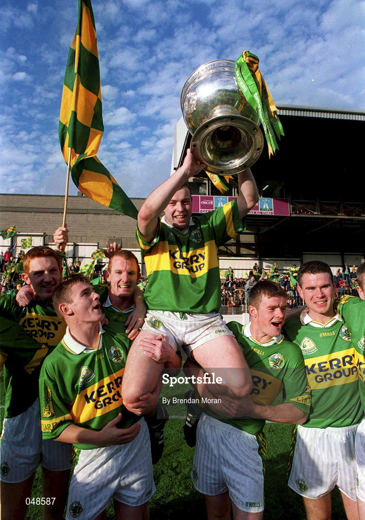 7 October 2000; Seamus Moynihan of Kerry is lifted by team-mates with the Sam Maguire cup following the Bank of Ireland All-Ireland Senior Football Championship Final Replay match between Kerry and Galway at Croke Park in Dublin. Photo by Brendan Moran/Sportsfile