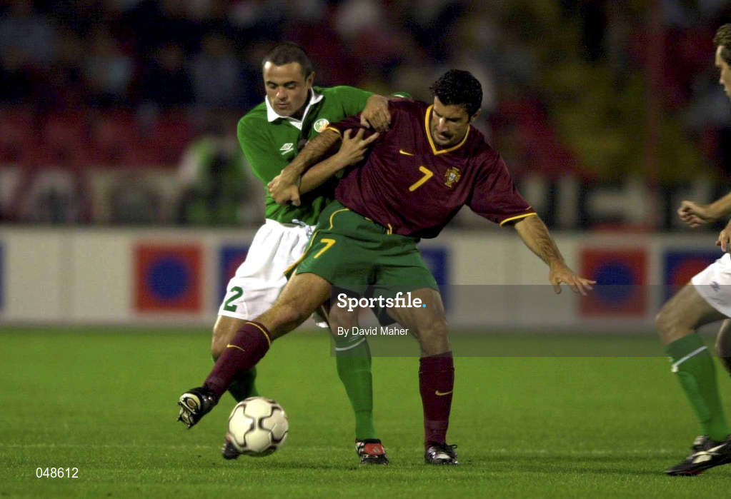 7 October 2000; Stephen Carr of Republic of Ireland in action against Luis Figo of Portugal during the World Cup 2002 Qualification Group 2 match between Portugal and Republic of Ireland at the Estádio da Luz in Lisbon, Portugal. Photo by David Maher/Sportsfile
