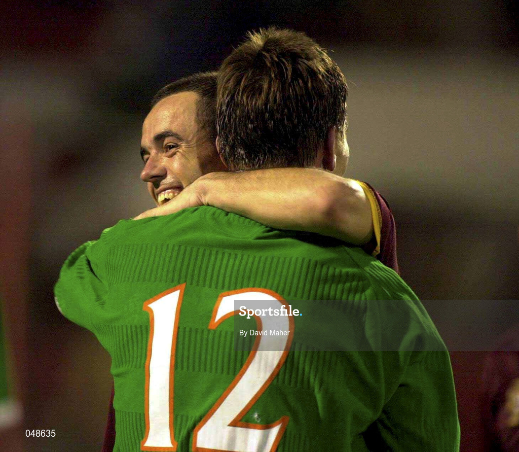7 October 2000; Stephen Carr, left, and Matt Holland of Republic of Ireland celebrate following the World Cup 2002 Qualification Group 2 match between Portugal and Republic of Ireland at the Estádio da Luz in Lisbon, Portugal. Photo by David Maher/Sportsfile