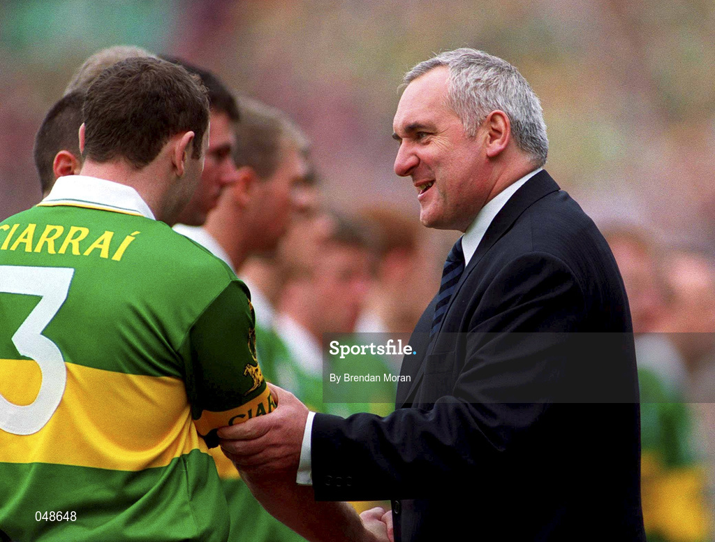 7 October 2000; An Taoiseach Bertie Ahern T.D. meets Seamus Moynihan of Kerry prior to the Bank of Ireland All-Ireland Senior Football Championship Final Replay match between Kerry and Galway at Croke Park in Dublin. Photo by Brendan Moran/Sportsfile