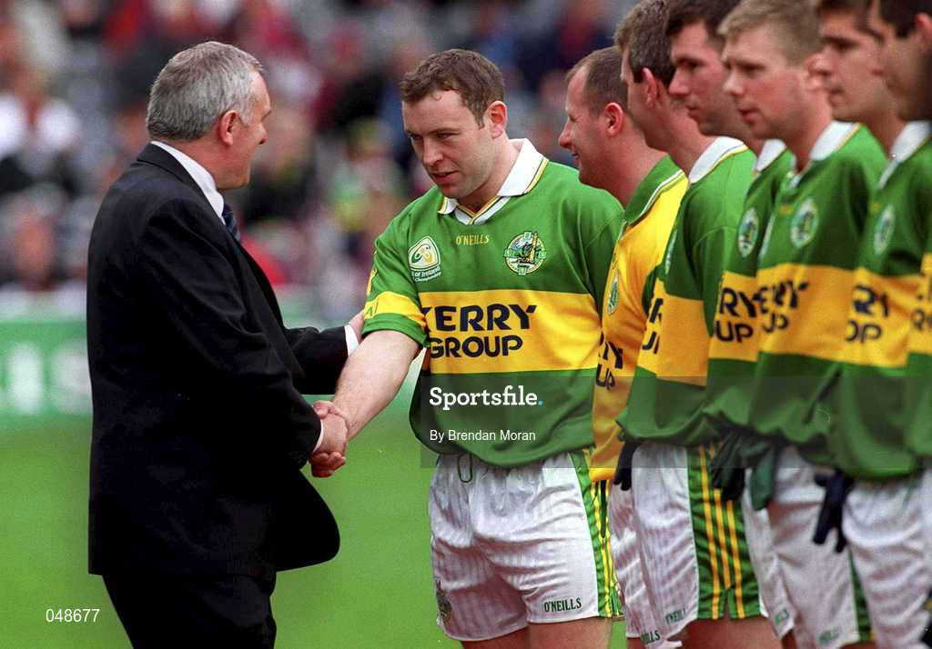 7 October 2000; An Taoiseach Bertie Ahern T.D. meets Kerry captain Seamus Moynihan prior to the Bank of Ireland All-Ireland Senior Football Championship Final Replay match between Kerry and Galway at Croke Park in Dublin. Photo by Brendan Moran/Sportsfile