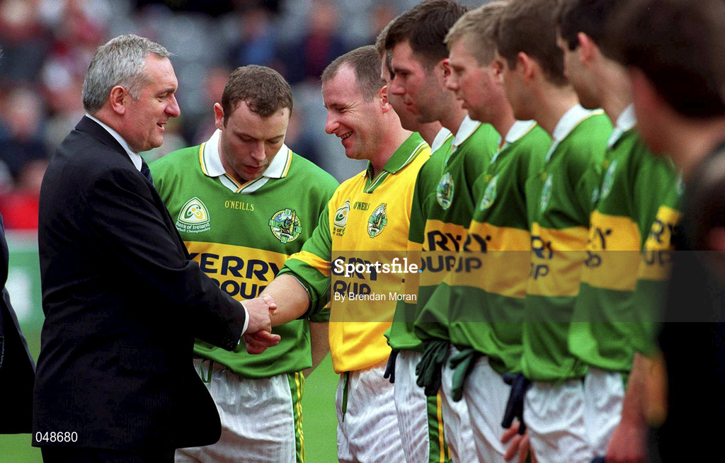 7 October 2000; An Taoiseach Bertie Ahern T.D. meets Kerry goalkeeper Declan O'Keeffe prior to the Bank of Ireland All-Ireland Senior Football Championship Final Replay match between Kerry and Galway at Croke Park in Dublin. Photo by Brendan Moran/Sportsfile
