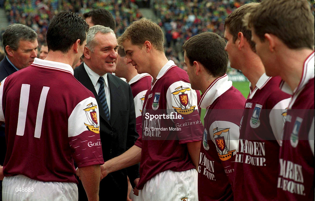 7 October 2000; An Taoiseach Bertie Ahern T.D. meets Michael Donnellan of Galway prior to the Bank of Ireland All-Ireland Senior Football Championship Final Replay match between Kerry and Galway at Croke Park in Dublin. Photo by Brendan Moran/Sportsfile