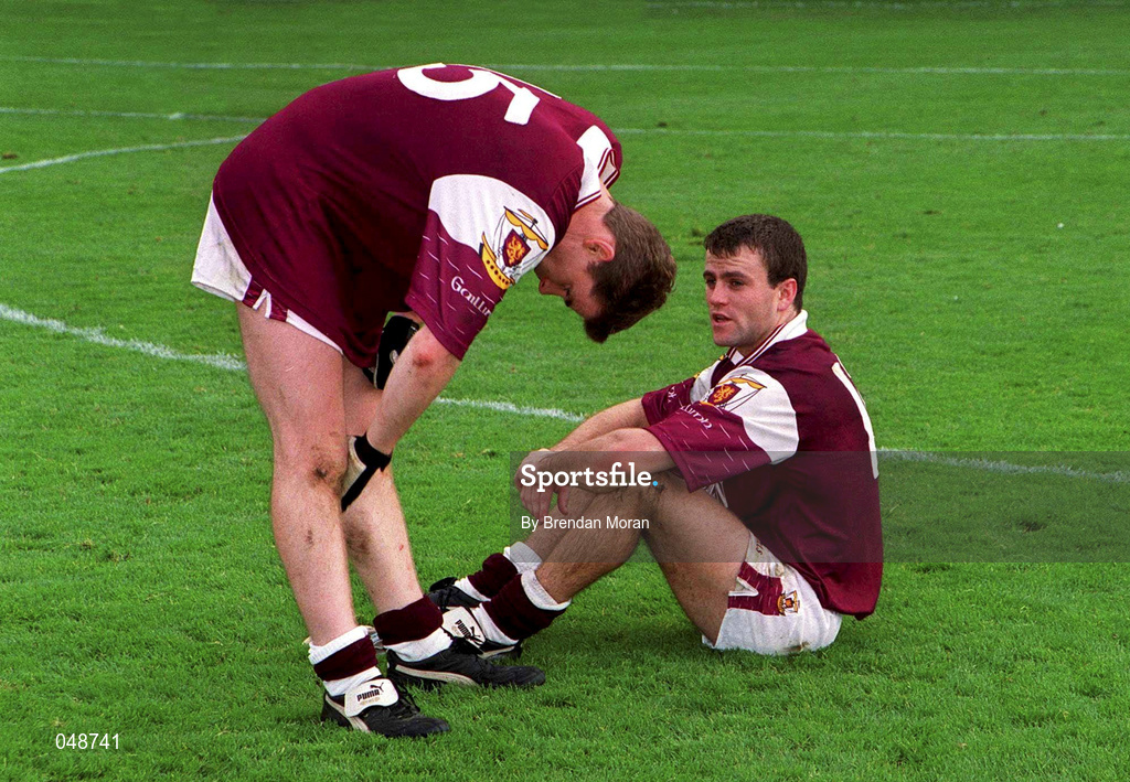 7 October 2000; Niall Finnegan of Galway, left, and Derek Savage following the Bank of Ireland All-Ireland Senior Football Championship Final Replay match between Kerry and Galway at Croke Park in Dublin. Photo by Brendan Moran/Sportsfile