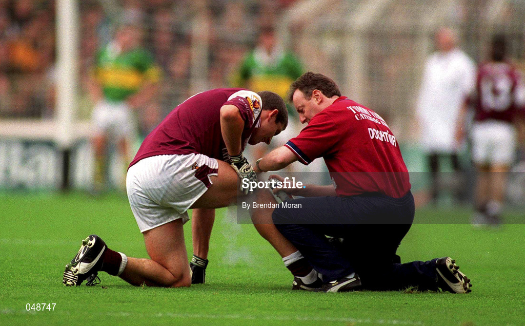 7 October 2000; Kevin Walsh of Galway receives treatment during the Bank of Ireland All-Ireland Senior Football Championship Final Replay match between Kerry and Galway at Croke Park in Dublin. Photo by Brendan Moran/Sportsfile