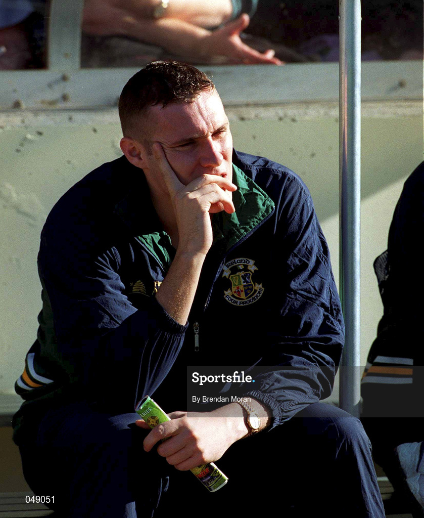15 October 2000; Ciaran Whelan of Ireland looks on from the bench during the International Rules Series Second Test match between Ireland and Australia at Croke Park in Dublin. Photo by Brendan Moran/Sportsfile