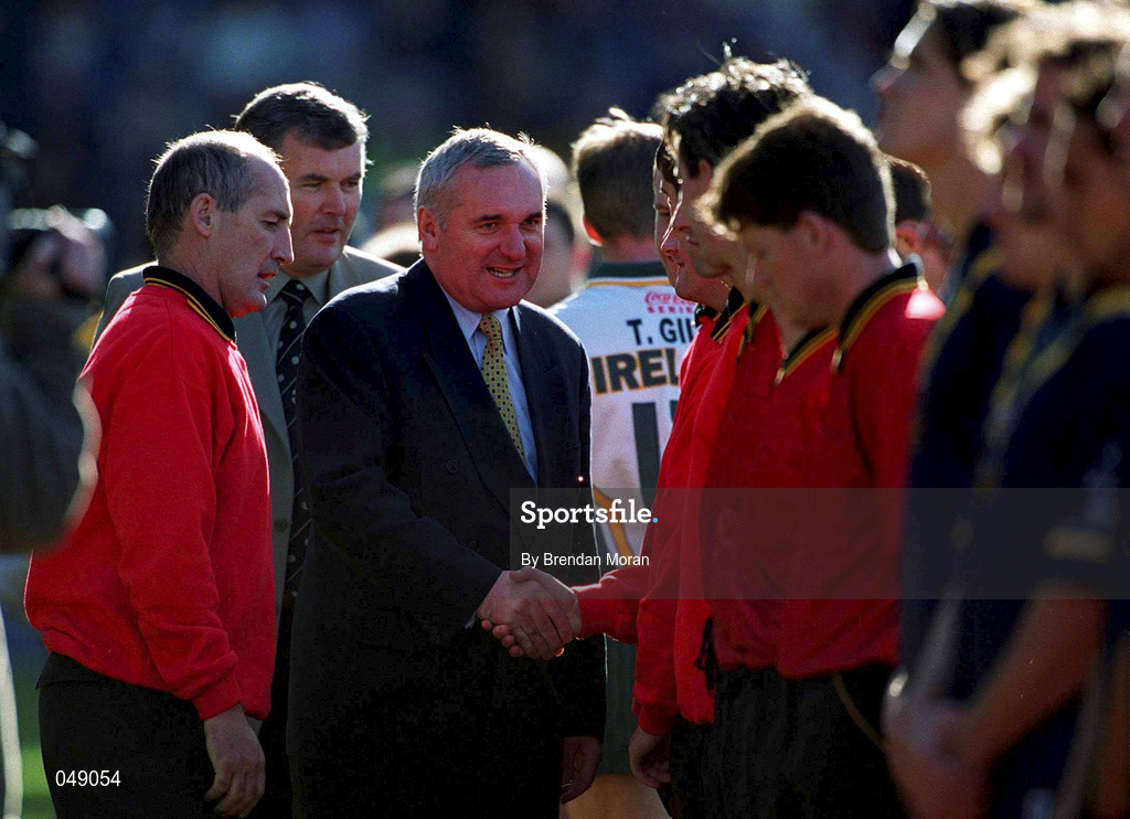 15 October 2000; An Taoiseach Bertie Ahern meets players prior to the International Rules Series Second Test match between Ireland and Australia at Croke Park in Dublin. Photo by Brendan Moran/Sportsfile
