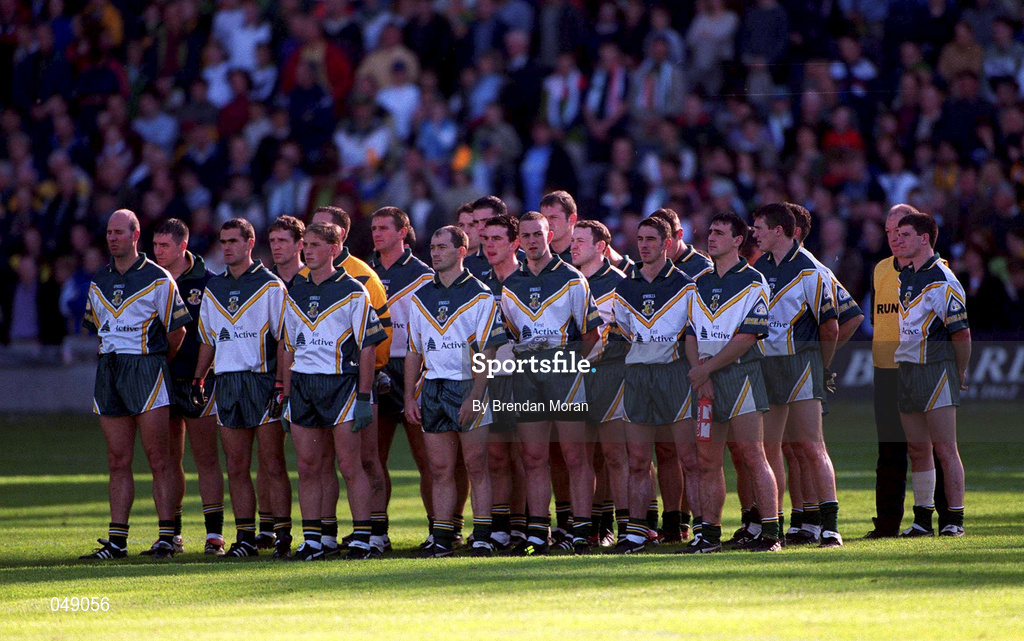15 October 2000; The Ireland team stand for the national anthem prior to the International Rules Series Second Test match between Ireland and Australia at Croke Park in Dublin. Photo by Brendan Moran/Sportsfile