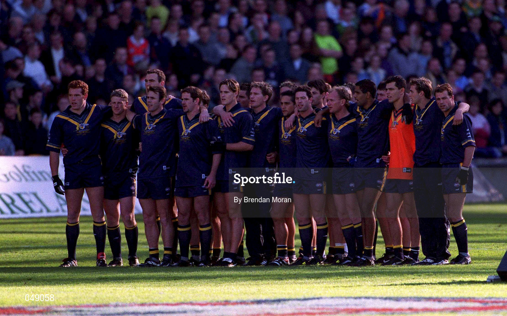 15 October 2000; The Australia team stand for the national anthem prior to the International Rules Series Second Test match between Ireland and Australia at Croke Park in Dublin. Photo by Brendan Moran/Sportsfile