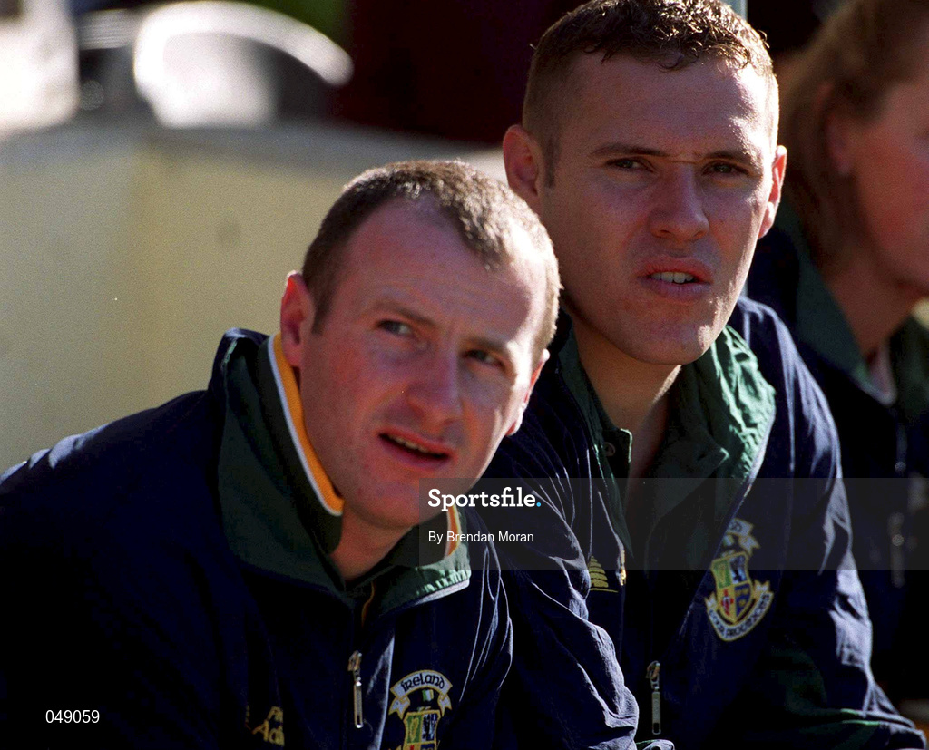 15 October 2000; Declan O'Keeffe of Ireland, left, and Ciaran Whelan look on from the bench during the International Rules Series Second Test match between Ireland and Australia at Croke Park in Dublin. Photo by Brendan Moran/Sportsfile