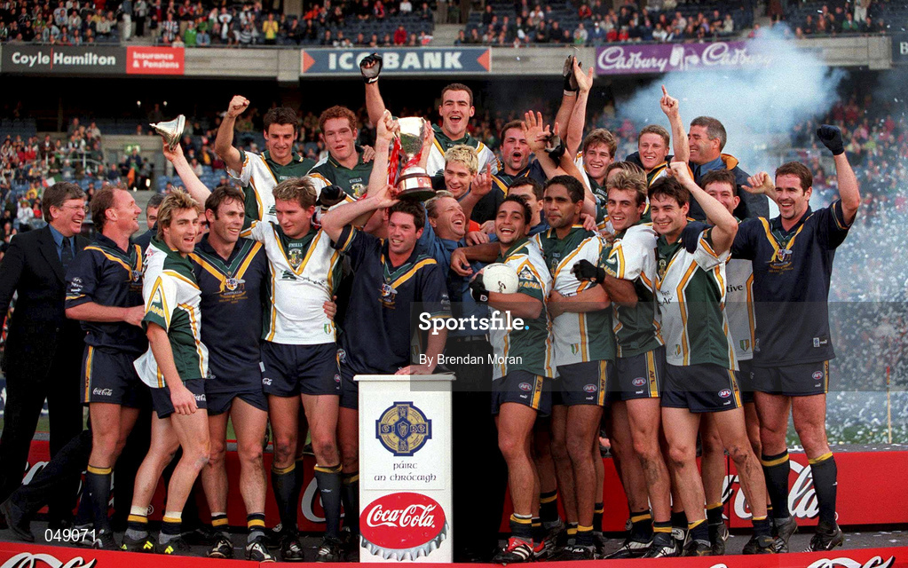 15 October 2000; The Australia team celebrate following the International Rules Series Second Test match between Ireland and Australia at Croke Park in Dublin. Photo by Brendan Moran/Sportsfile