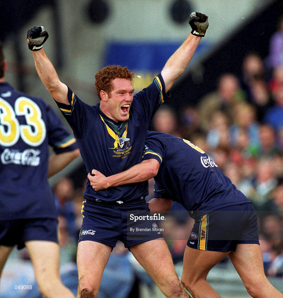 15 October 2000; Justin Leppitsch of Australia, left, celebrates after scoring his side's first goal with team-mate Brett Ratten during the International Rules Series Second Test match between Ireland and Australia at Croke Park in Dublin. Photo by Brendan Moran/Sportsfile