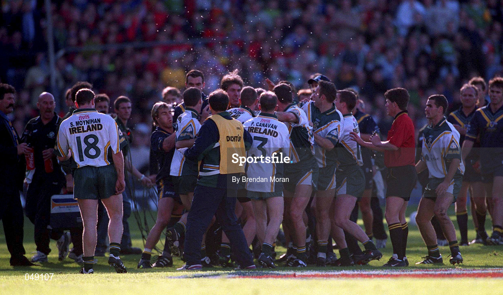 15 October 2000; Australia and Ireland players tussle during the International Rules Series Second Test match between Ireland and Australia at Croke Park in Dublin. Photo by Brendan Moran/Sportsfile