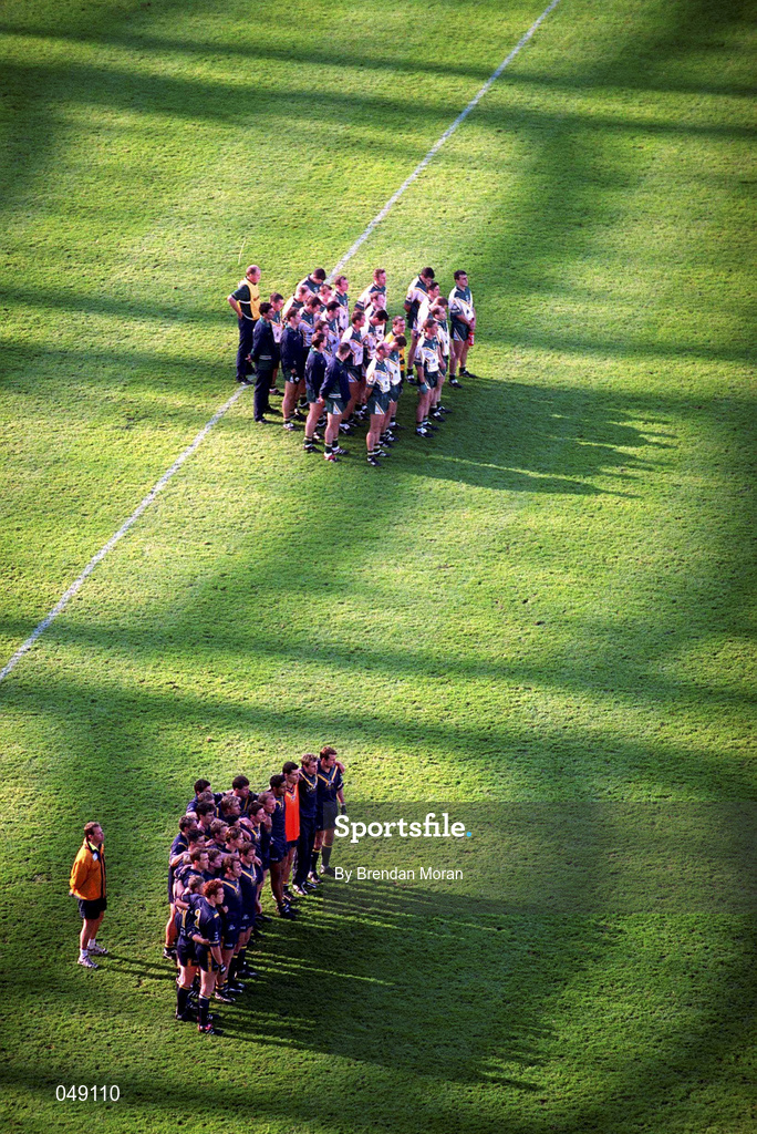 15 October 2000; Both teams stand for the national anthems prior to the International Rules Series Second Test match between Ireland and Australia at Croke Park in Dublin. Photo by Brendan Moran/Sportsfile