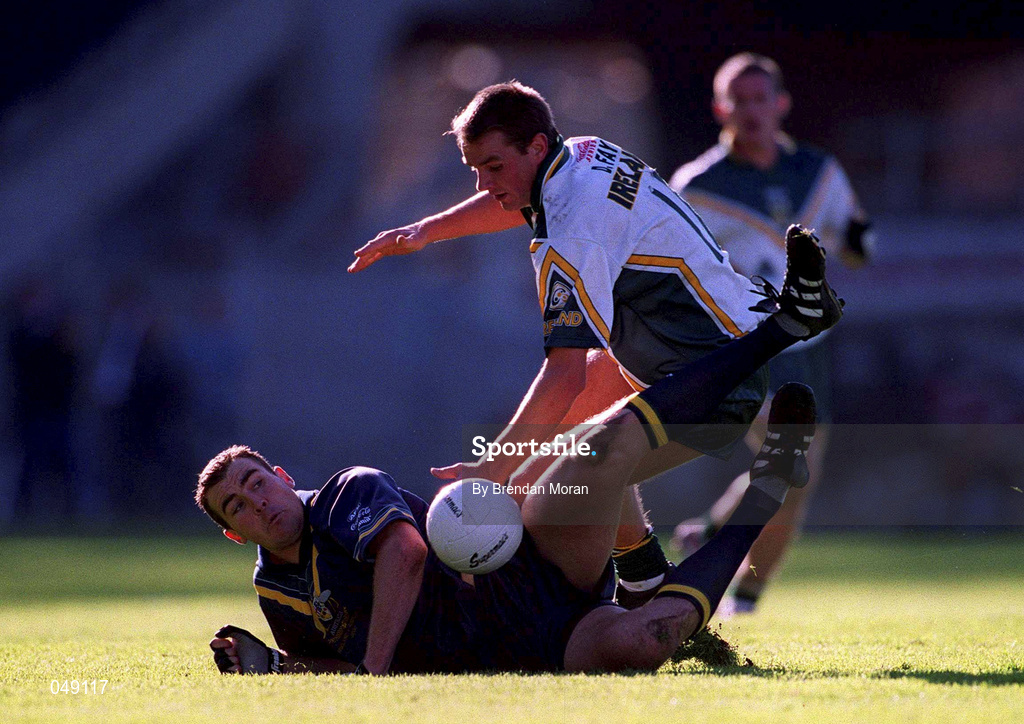 15 October 2000; Steven King of Australia in action against Darren Fay of Ireland during the International Rules Series Second Test match between Ireland and Australia at Croke Park in Dublin. Photo by Brendan Moran/Sportsfile