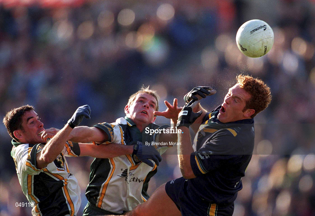 15 October 2000; Justin Leppitsch of Australia in action against Ireland players Anthony Rainbow, left, and Darren Fay during the International Rules Series Second Test match between Ireland and Australia at Croke Park in Dublin. Photo by Brendan Moran/Sportsfile
