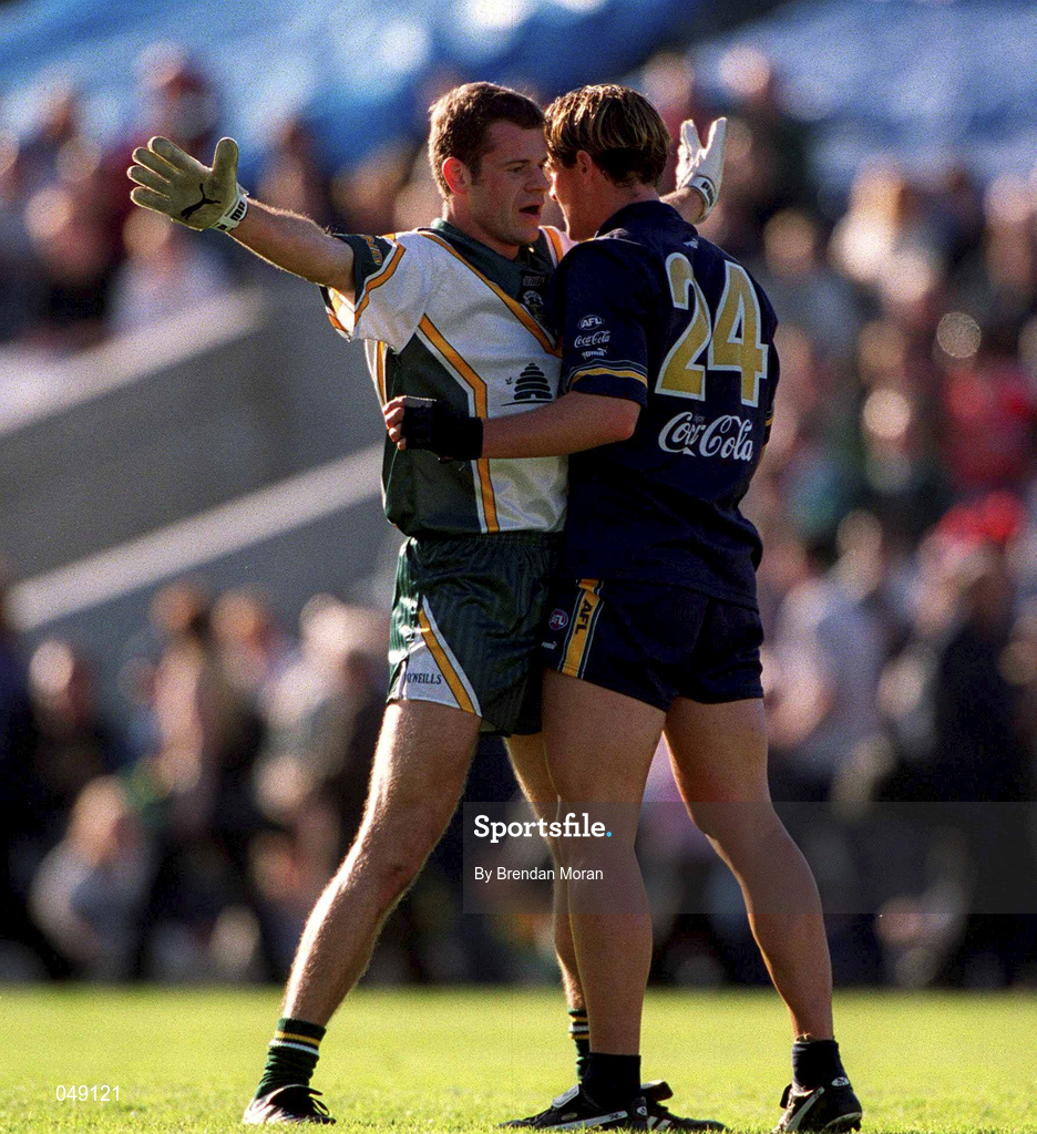15 October 2000; Anthony Tohill of Ireland in action against Trent Coad of Australia during the International Rules Series Second Test match between Ireland and Australia at Croke Park in Dublin. Photo by Brendan Moran/Sportsfile