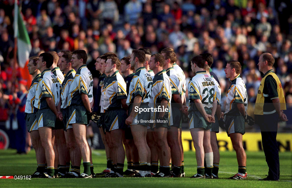 15 October 2000; The Ireland team stand for the national anthem prior to the International Rules Series Second Test match between Ireland and Australia at Croke Park in Dublin. Photo by Brendan Moran/Sportsfile