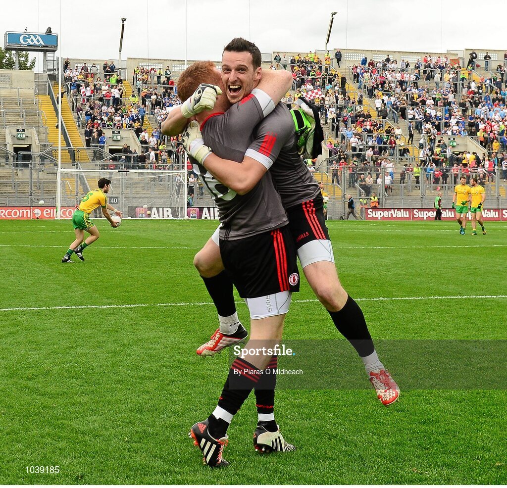 8 August 2015; Tyrone's Michael O'Neill, left, and Niall Morgan celebrate after the game. GAA Football All-Ireland Senior Championship Quarter-Final, Monaghan v Tyrone. Croke Park, Dublin. Picture credit: Piaras Ó Mídheach / SPORTSFILE