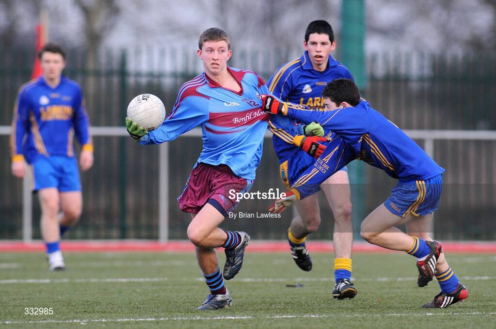 9 January 2009; St. Declan's Adam Caffrey, son of former Dublin manager Paul Caffrey, in action against Jamie Bray, Scoil Dara. St. Declan's, Cabra v Scoil Dara, Kilcock, Leinster Schools Senior A Football Championship Qualifier Round 1, Russell Park, Blanchardstown, Dublin. Picture credit: Brian Lawless / SPORTSFILE