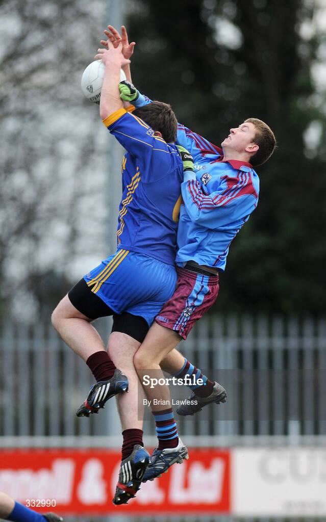 9 January 2009; St. Declan's Adam Caffrey, son of former Dublin manager Paul Caffrey, in action against William Harmon, Scoil Dara. St. Declan's, Cabra v Scoil Dara, Kilcock, Leinster Schools Senior A Football Championship Qualifier Round 1, Russell Park, Blanchardstown, Dublin. Picture credit: Brian Lawless / SPORTSFILE