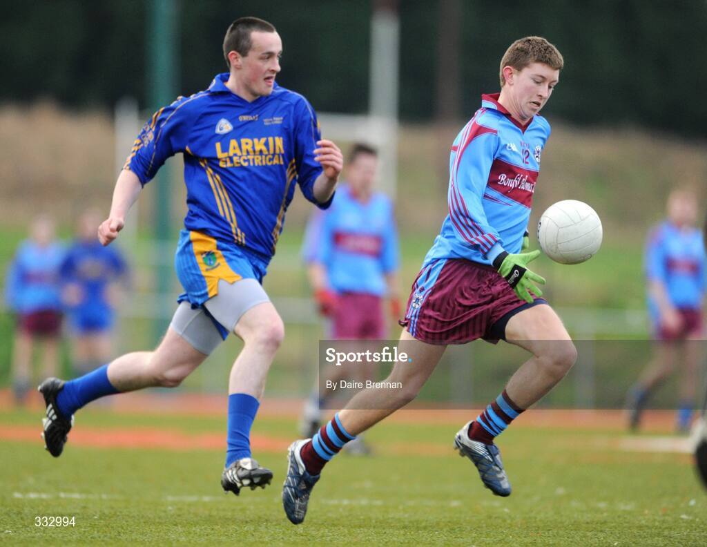 9 January 2009; Adam Caffrey, son of former Dublin manager Paul Caffrey, St. Declan's, Cabra, in action against Keith Jordan, Scoil Dara, Kilcock. St. Declan's, Cabra v Scoil Dara, Kilcock, Leinster Schools Senior A Football Championship Qualifier Round 1, Russell Park, Blanchardstown, Dublin. Picture credit: Daire Brennan / SPORTSFILE