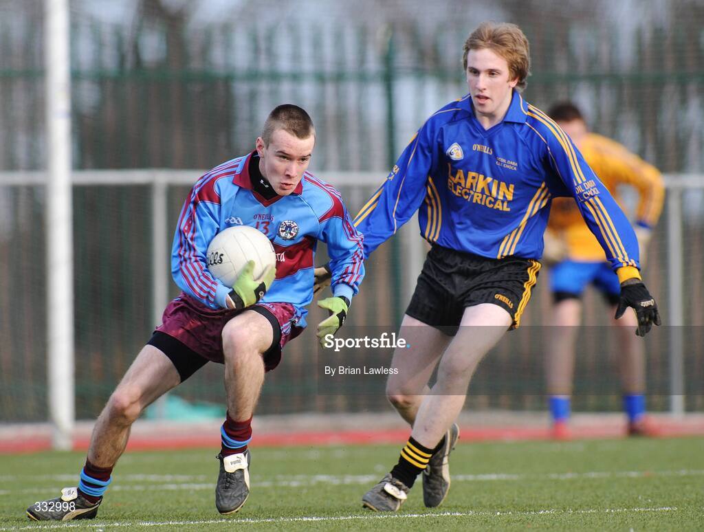 9 January 2009; Eoghan McMahon, St. Declan's, in action against Fergal O'Connor, Scoil Dara. St. Declan's, Cabra v Scoil Dara, Kilcock, Leinster Schools Senior A Football Championship Qualifier Round 1, Russell Park, Blanchardstown, Dublin. Picture credit: Brian Lawless / SPORTSFILE