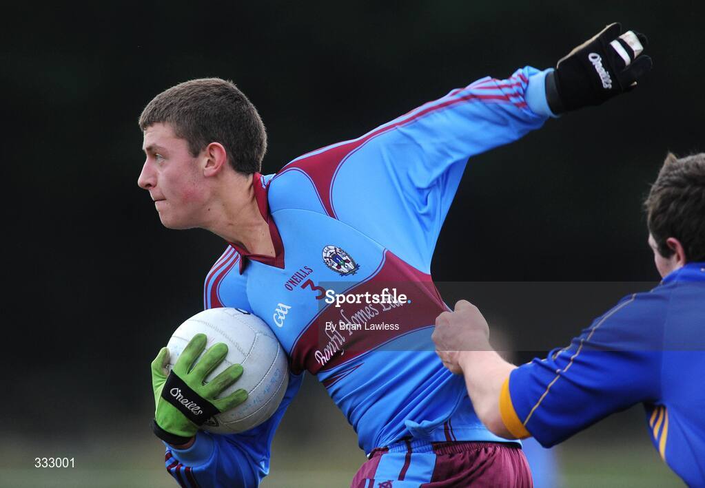 9 January 2009; St. Declan's Jack Caffrey, son of former Dublin manager Paul Caffrey, in action against William Harmon, Scoil Dara. St. Declan's, Cabra v Scoil Dara, Kilcock, Leinster Schools Senior A Football Championship Qualifier Round 1, Russell Park, Blanchardstown, Dublin. Picture credit: Brian Lawless / SPORTSFILE