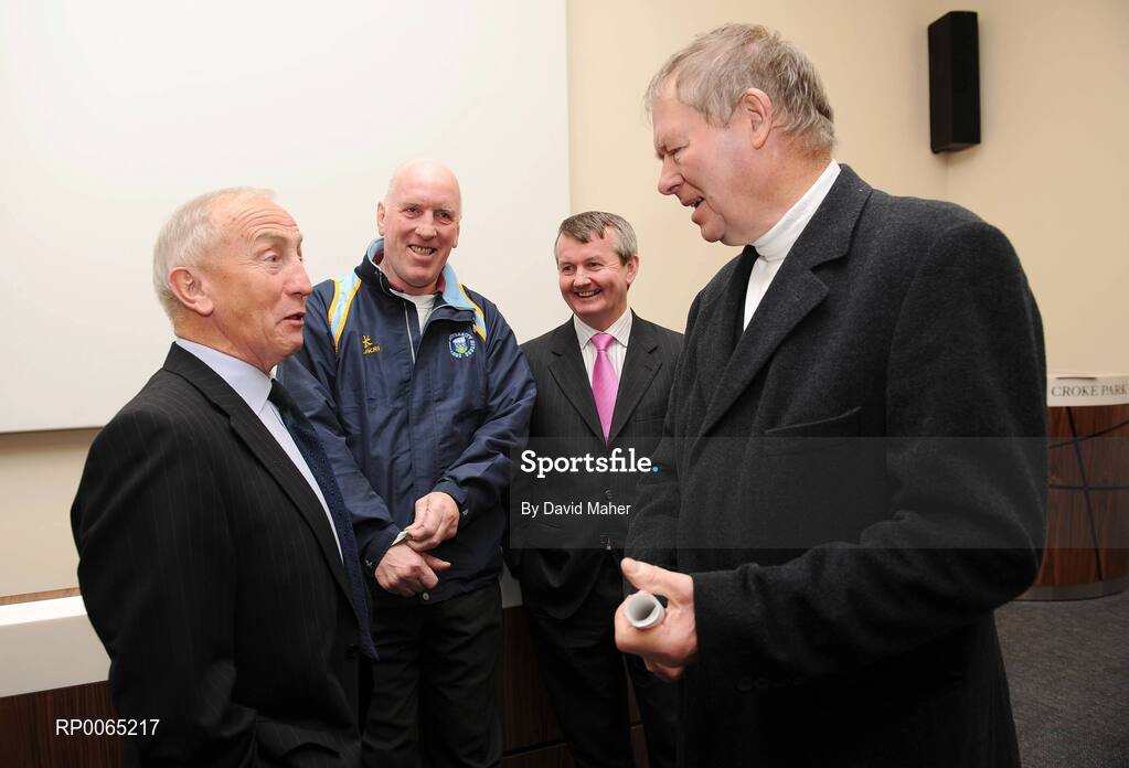 7 January 2009; International rules manager Sean Boylan, left, with Brian Mullins, second from left , UCD's Director of Sport, Pol O Gallchoir, second from right, Chief Executive, TG4, and RTE commentator, Michael O'Muircheartaigh, at the launch of TG4's history of the GAA documentary series. GAA Museum, Croke Park, Dublin. Picture credit: David Maher / SPORTSFILE