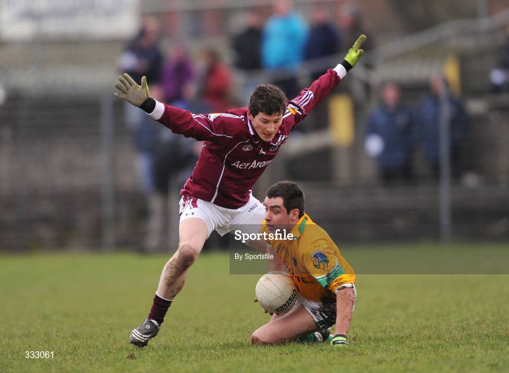 10 January 2009; John McKeon, Leitrim, in action against Michael Meehan, Galway. FBD League Round 2, Galway v Leitrim, Duggan Park, Ballinasloe, Co. Galway. Photo by Sportsfile