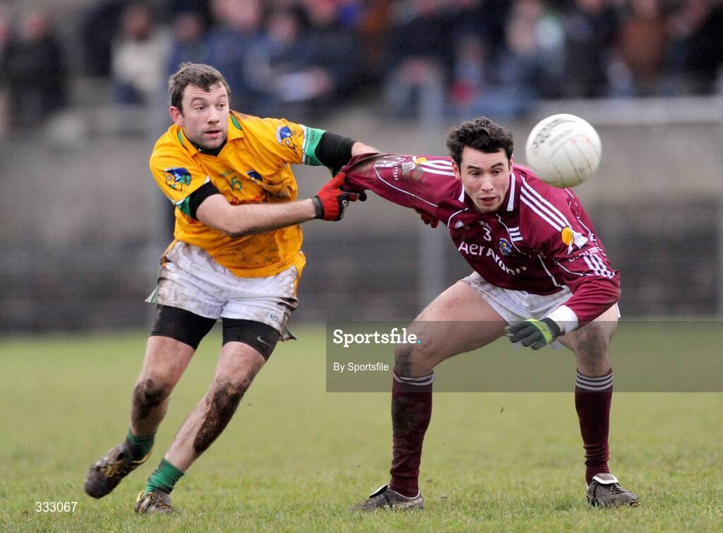 10 January 2009; Finian Hanley, Galway, in action against James Glancy, Leitrim. FBD League Round 2, Galway v Leitrim, Duggan Park, Ballinasloe, Co. Galway. Photo by Sportsfile
