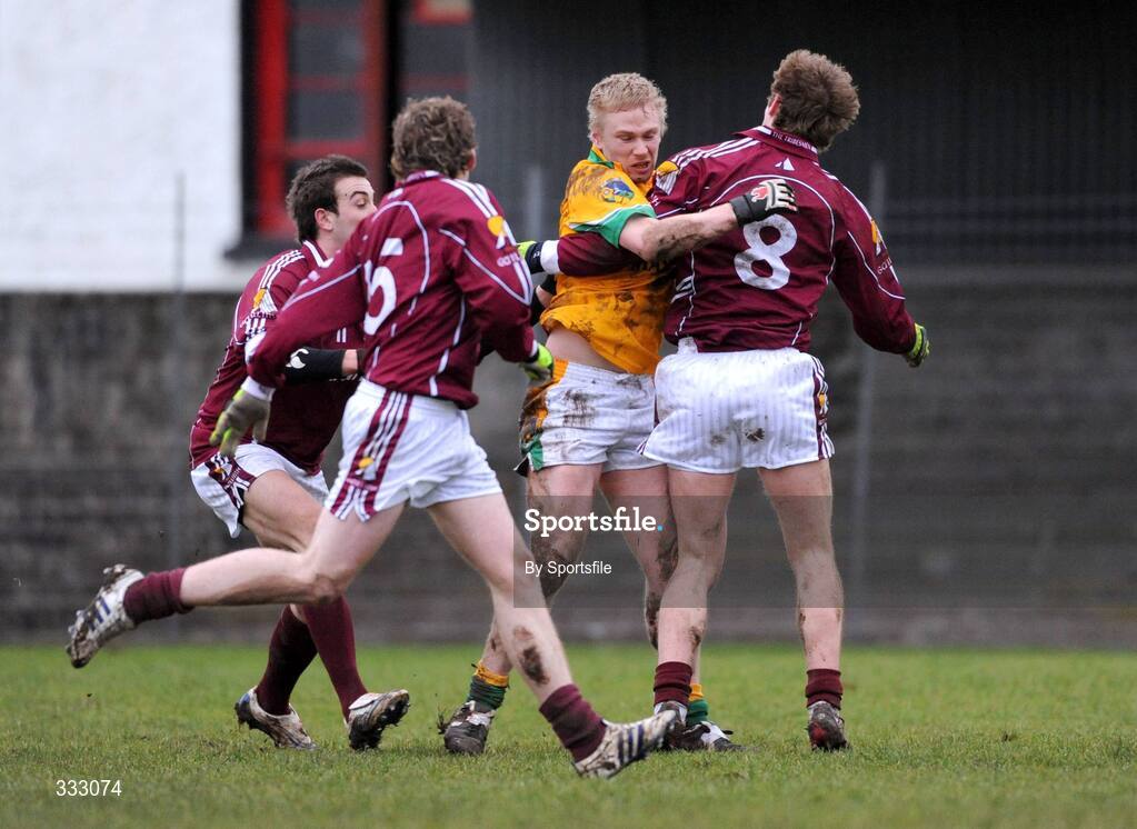 10 January 2009; Noel Doonan, Leitrim, in action against Gary O'Donnell, right, Martin Coady and Nicky Joyce, left, Galway. FBD League Round 2, Galway v Leitrim, Duggan Park, Ballinasloe, Co. Galway. Photo by Sportsfile