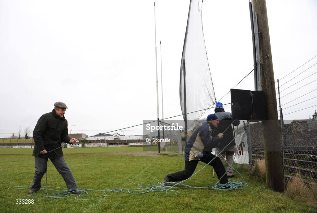 10 January 2009; Club officials erect the ball stop net before the start of the game. FBD League Round 2, Galway v Leitrim, Duggan Park, Ballinasloe, Co. Galway. Photo by Sportsfile