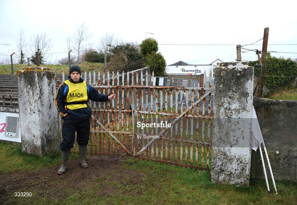 10 January 2009; An official awaits to open the gates for the Galway team to come out on to the pitch. FBD League Round 2, Galway v Leitrim, Duggan Park, Ballinasloe, Co. Galway. Photo by Sportsfile