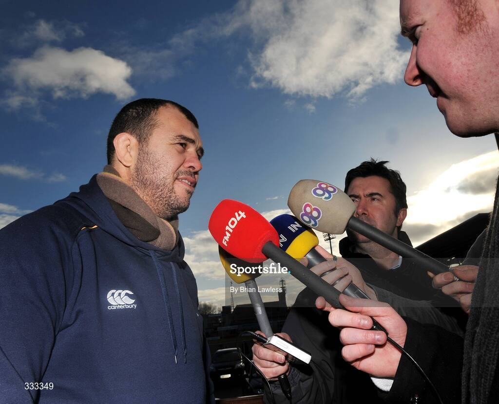 13 January 2009; Leinster head coach Michael Cheika speaking to radio journalists after a press conference ahead of their Heineken Cup Pool 2 match against London Wasps. Bective Rangers Clubhouse, Donnybrook, Dublin. Picture credit: Brian Lawless / SPORTSFILE