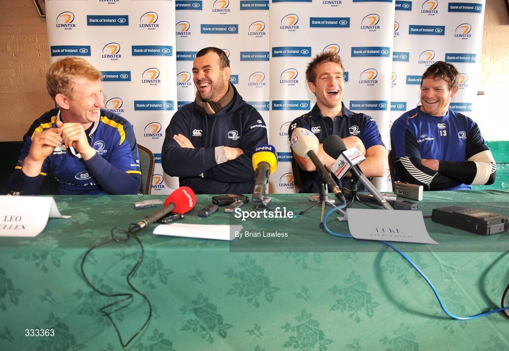 13 January 2009; Leinster head coach Michael Cheika, second from left, shares a joke with players, from left, Leo Cullen, Luke Fitzgerald, and Malcolm O'Kelly, at a press conference ahead of their Heineken Cup Pool 2 match against London Wasps. Bective Rangers Clubhouse, Donnybrook, Dublin. Picture credit: Brian Lawless / SPORTSFILE