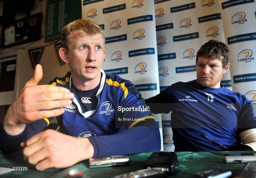 13 January 2009; Leinster's Leo Cullen, left, and Malcolm O'Kelly at a press conference ahead of their Heineken Cup Pool 2 match against London Wasps. Bective Rangers Clubhouse, Donnybrook, Dublin. Picture credit: Brian Lawless / SPORTSFILE