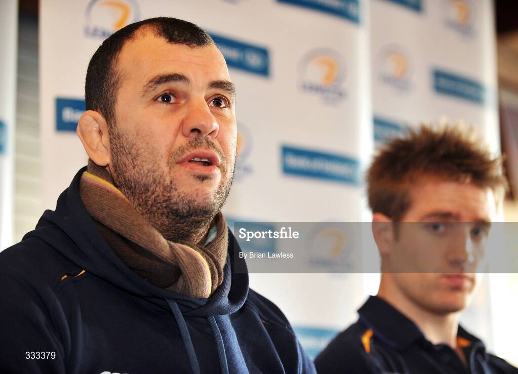 13 January 2009; Leinster head coach Michael Cheika, left, and Luke Fitzgerald at a press conference ahead of their Heineken Cup Pool 2 match against London Wasps. Bective Rangers Clubhouse, Donnybrook, Dublin. Picture credit: Brian Lawless / SPORTSFILE