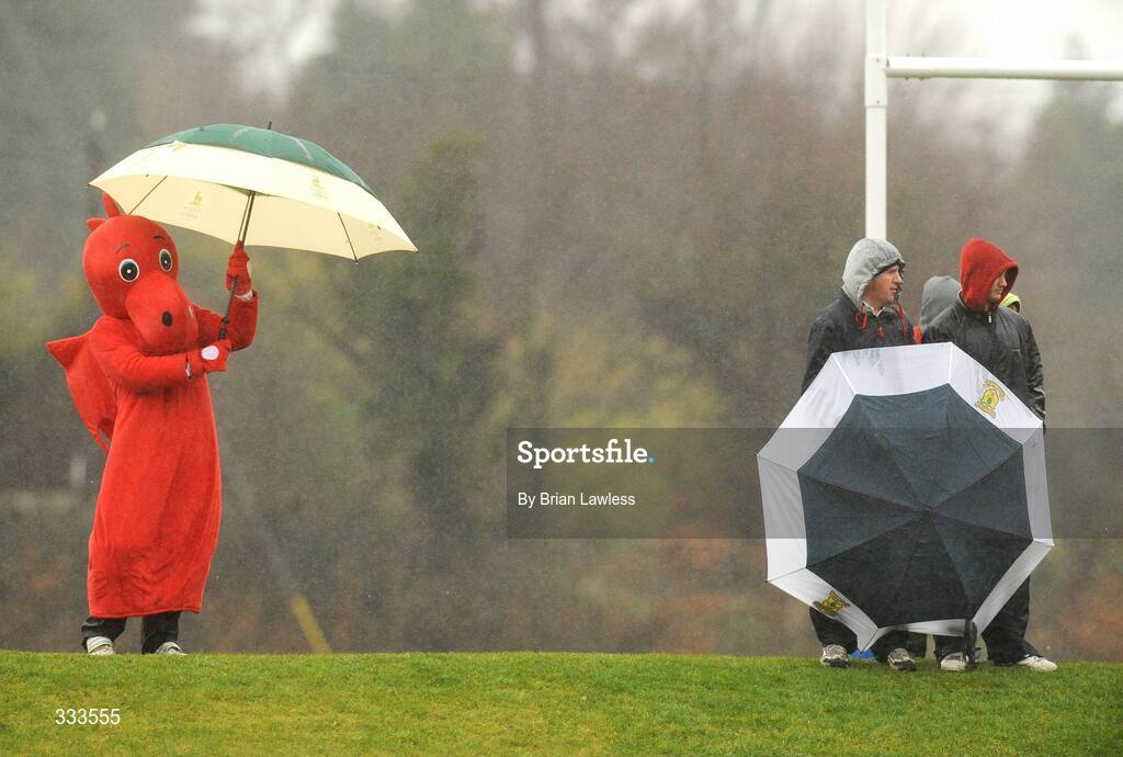 14 January 2009; Wesley College rugby fans including their mascot watch on during the match despite the bad weather. Leinster Schools Vinnie Murray Senior Cup First Round - Section B, Newpark v Wesley College, Kiltiernan, Co. Dublin. Picture credit: Brian Lawless / SPORTSFILE