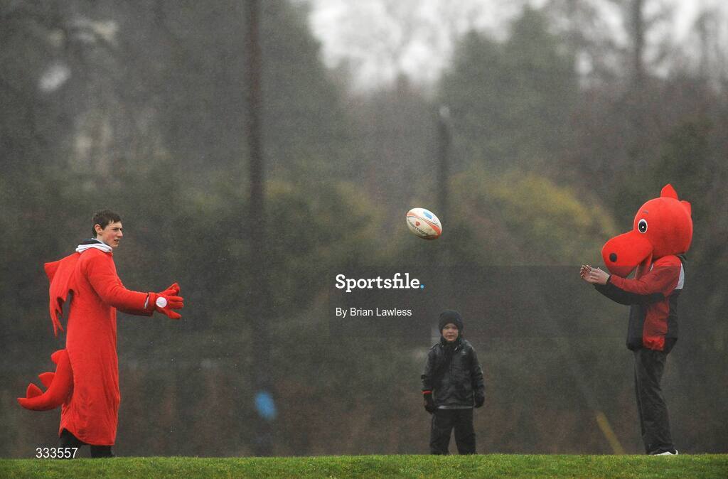 14 January 2009; Wesley College fans James Quinlan, left, and Andrew Croly, attempt to keep warm during the half-time break. Leinster Schools Vinnie Murray Senior Cup First Round - Section B, Newpark v Wesley College, Kiltiernan, Co. Dublin. Picture credit: Brian Lawless / SPORTSFILE