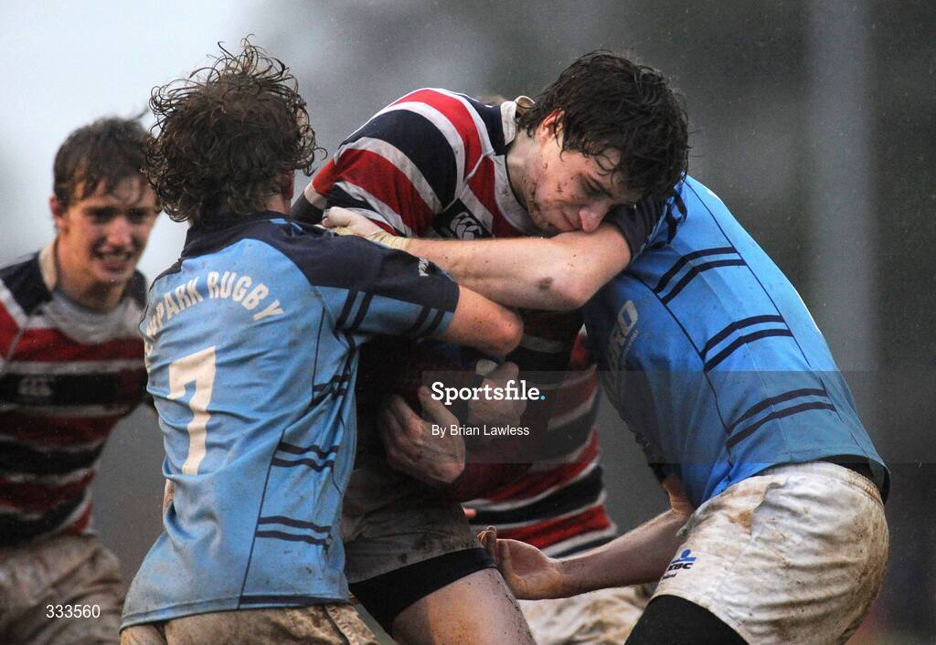 14 January 2009; Johan Van der Flier, Wesley College, is tackled by Zac Jungmann, left, and Conor Geoghegan, Newpark. Leinster Schools Vinnie Murray Senior Cup First Round - Section B, Newpark v Wesley College, Kiltiernan, Co. Dublin. Picture credit: Brian Lawless / SPORTSFILE